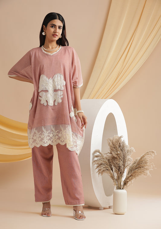 Jute Cotton Lace Kaftan Co-Ord Set - Blush Pink