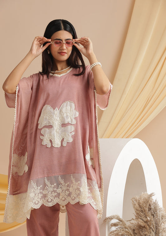 Jute Cotton Lace Kaftan Co-Ord Set - Blush Pink