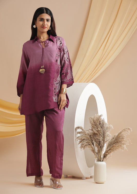 Ombre-effect Co-Ord Set Adorned With Tassels & Thread Detailing - Purple