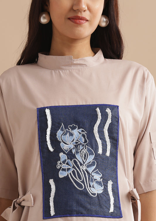 Denim Patchwork With Double Dori Chinese Collar Coordset