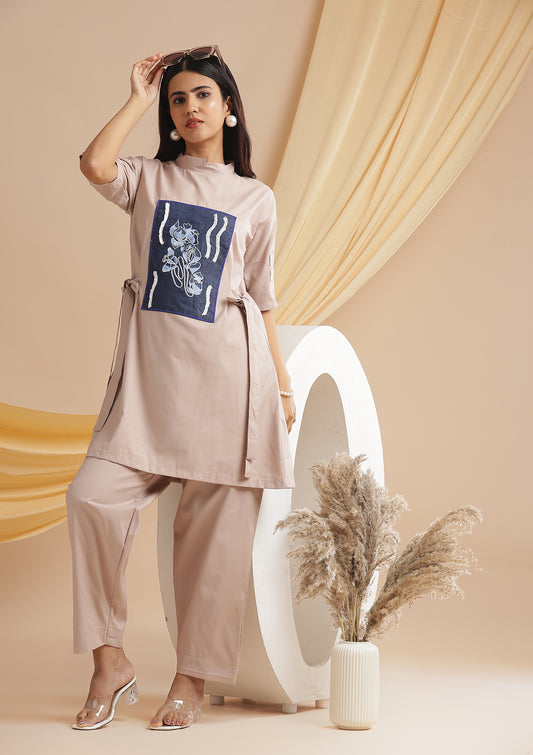 Denim Patchwork With Double Dori Chinese Collar Coordset