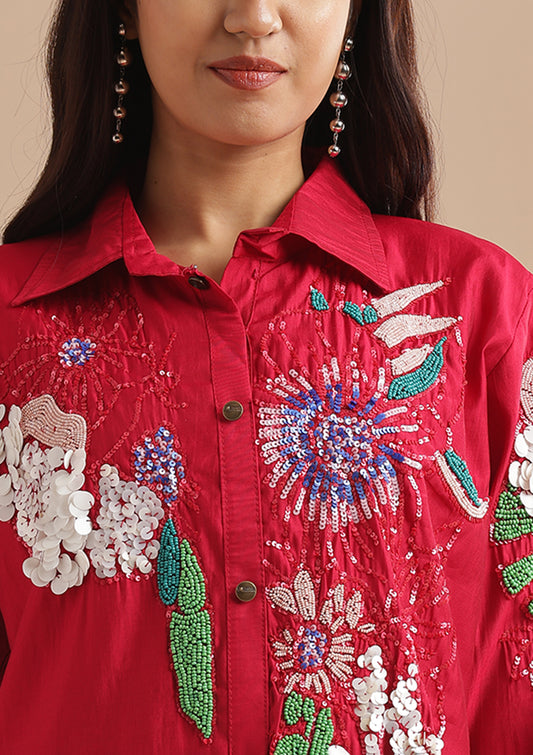 Handcrafted Colourful Sequin and Shell Detailing Work Co-Ord Set - Cherry Red