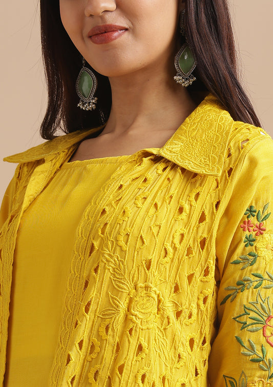 Muslin Cutwork 3 Piece Co-Ord Set - Daffodil Yellow