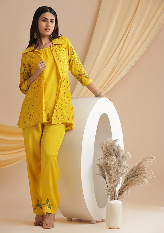 Muslin Cutwork 3 Piece Co-Ord Set - Daffodil Yellow