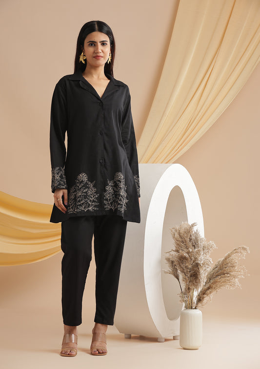 Linen Cotton Blazer-Pant Co-Ord Set - Black