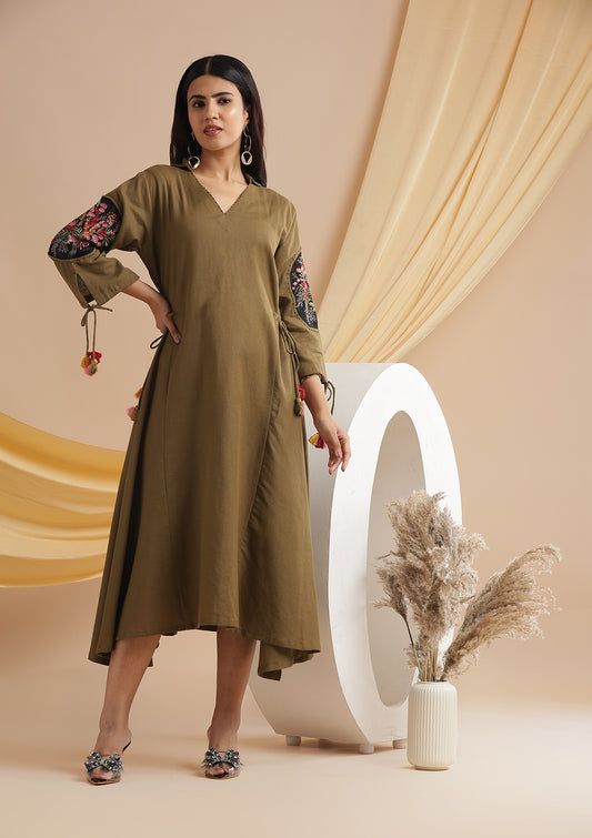 Linen Cotton Dress With Adjustable Dori - Olive Green