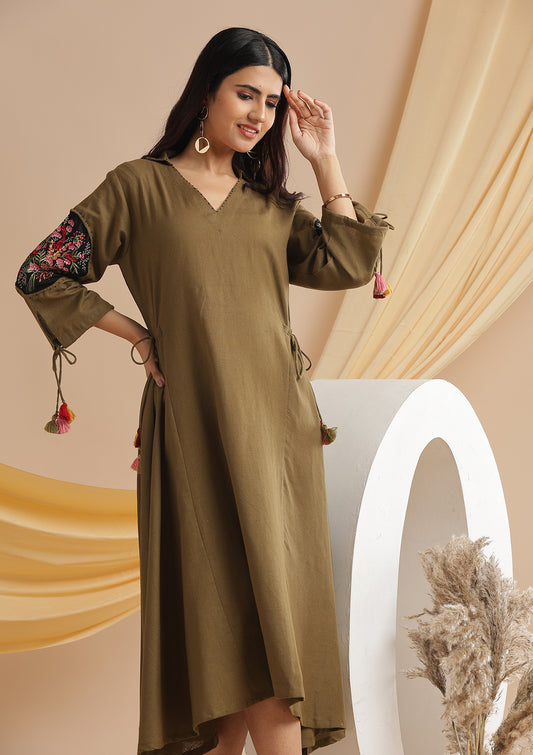 Linen Cotton Dress With Adjustable Dori - Olive Green