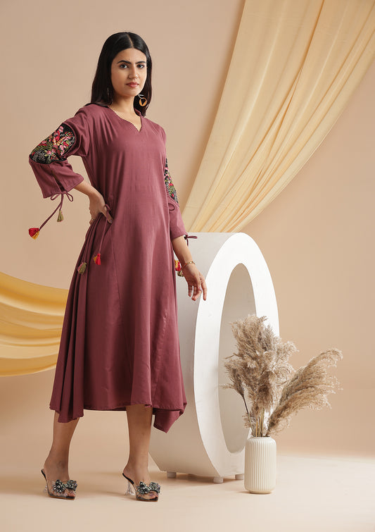 Linen Cotton Dress With Adjustable Dori - Light Plum