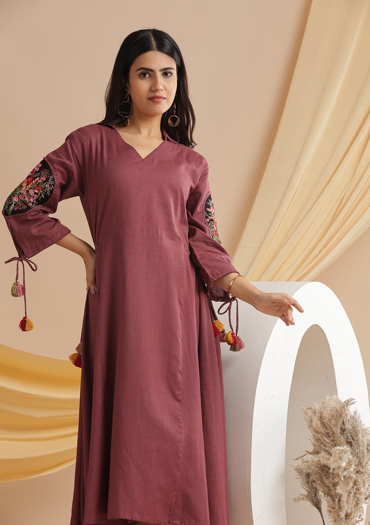 Linen Cotton Dress With Adjustable Dori - Light Plum