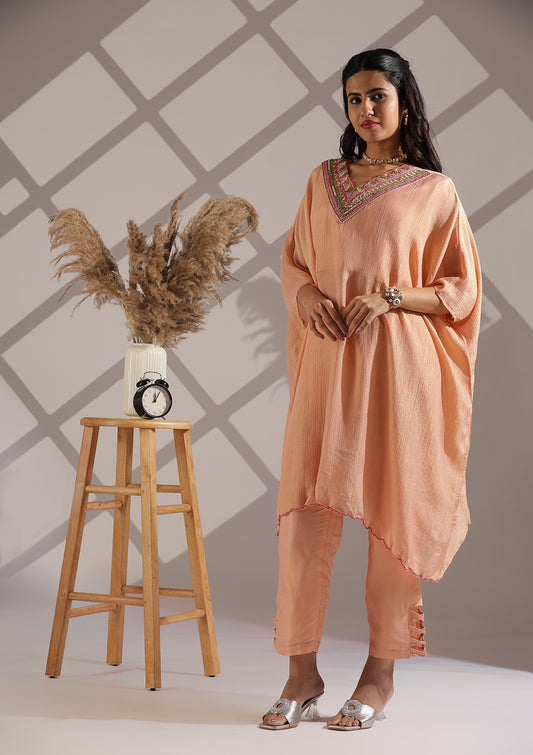 Crushed Tissue 3 Pcs Kaftan Pant Set With Embellishments On Neck - Pastel Peach