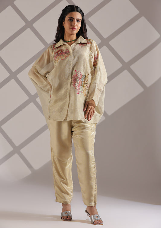Boxy Tissue Top With Floral Motifs Paired With Straight Pant - Golden