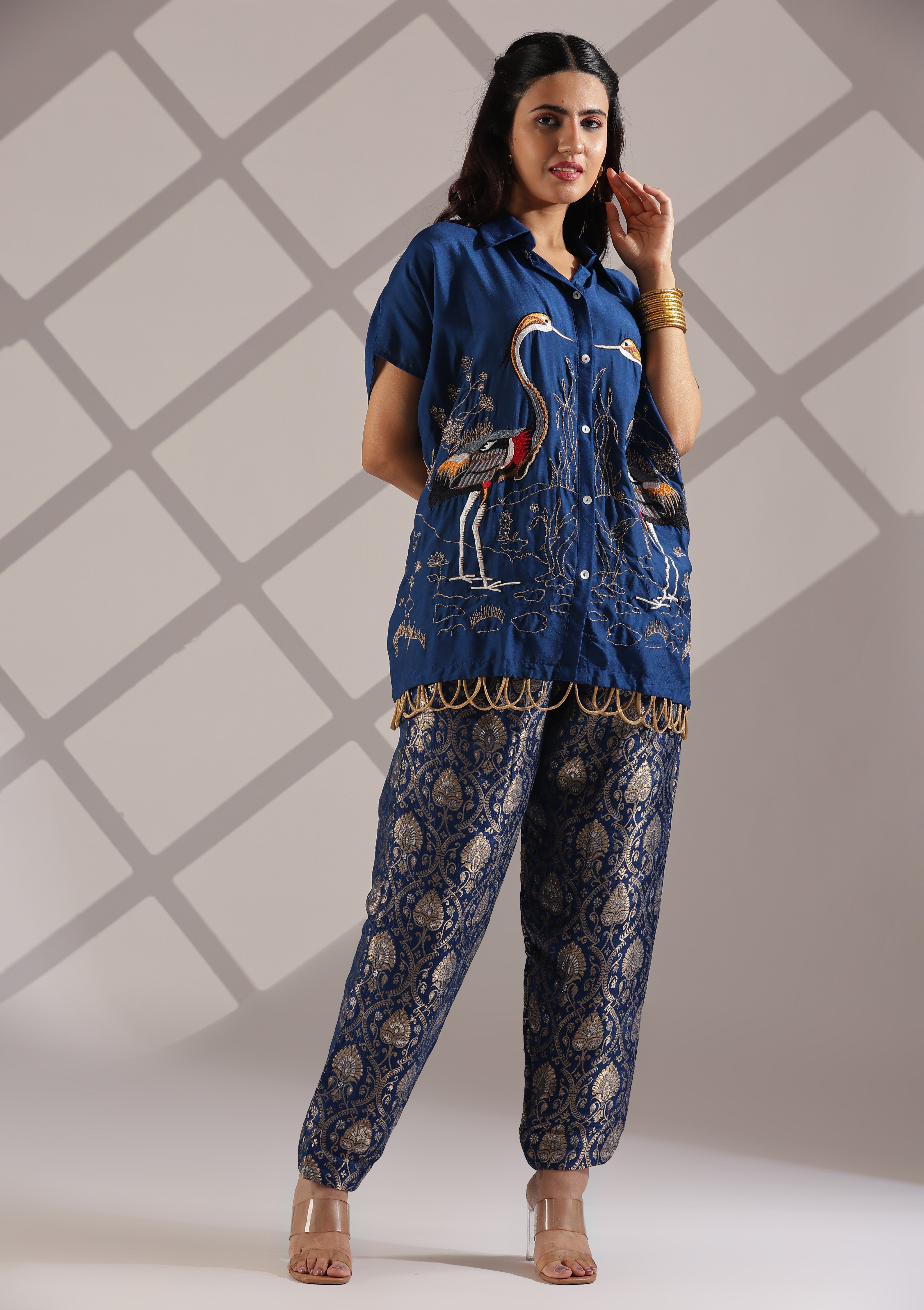Russian Silk Co-Ord Set with Abstract Embroidery Detailing & Brocade Print Pant - Royal Blue