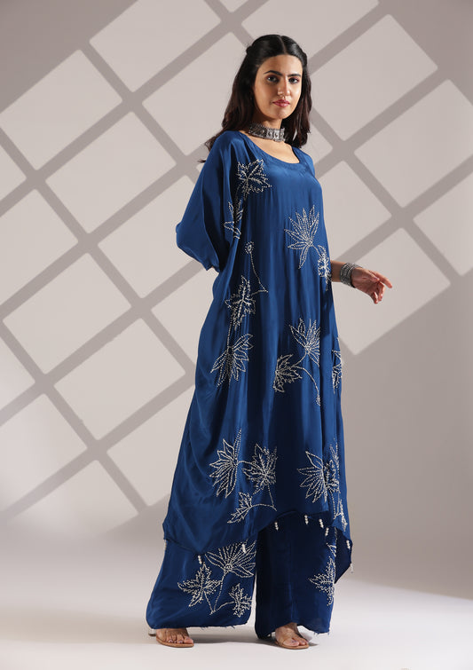 Graceful Thread Knot Embroidered Kaftan-Pant Set - Royal Blue