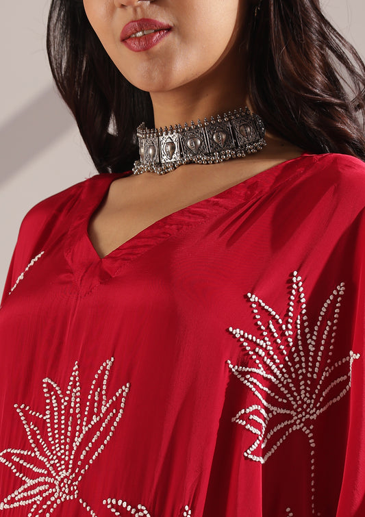 Graceful Thread Knot Embroidered Kaftan-Pant Set - Red