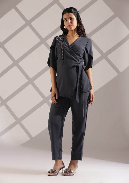 Contemporary Blazer-Pant Set With Beautiful Embellished Patchwork - Cement Grey