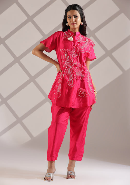 Russian Silk Co-Ord Set With Delicate Organza Floral Detailing - Fushcia Pink