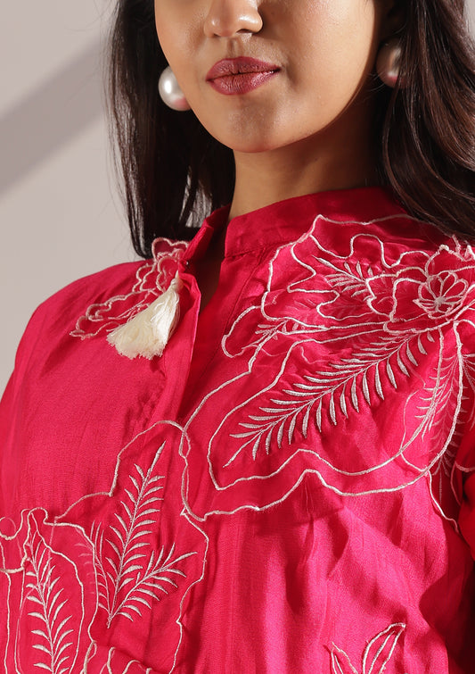 Russian Silk Co-Ord Set With Delicate Organza Floral Detailing - Fushcia Pink