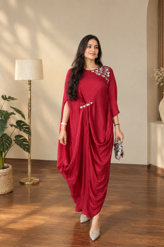 Satin Georgette Drape Dress- Raspberry Red