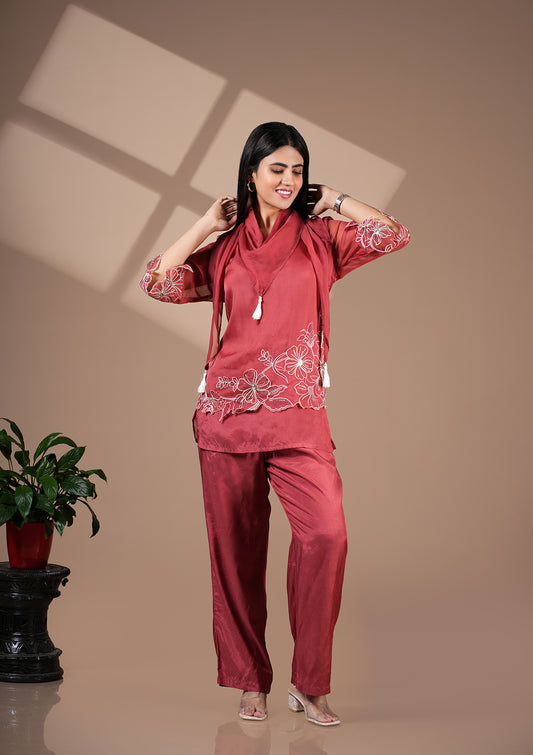 Embroidered Organza Coord Set With Scarf