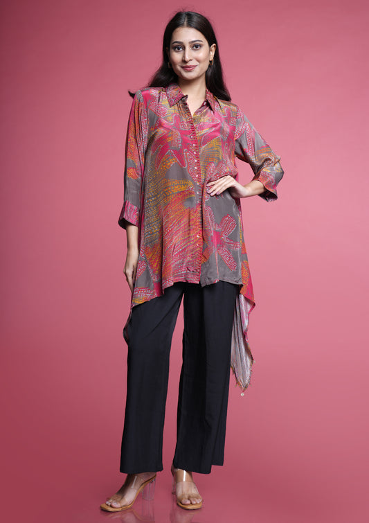 Premium Crepe Printed Shirt With Patterend Hemline