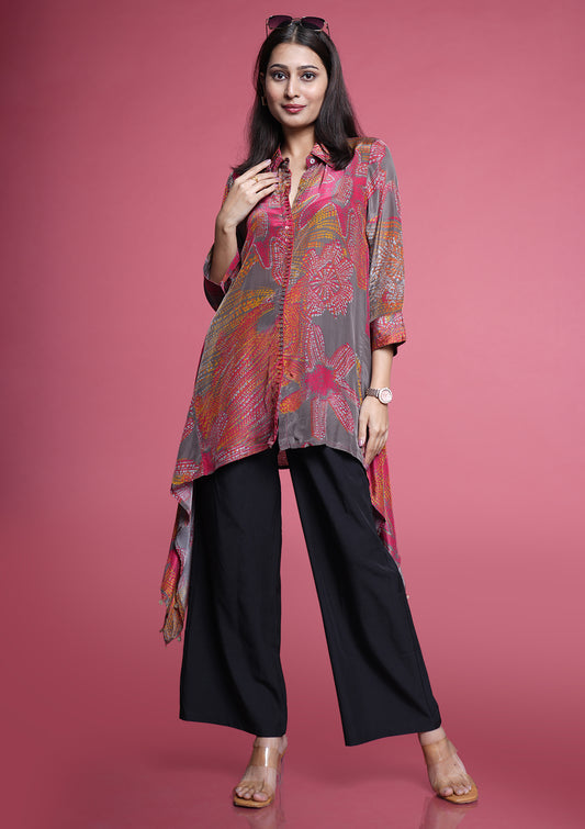 Premium Crepe Printed Shirt With Patterend Hemline