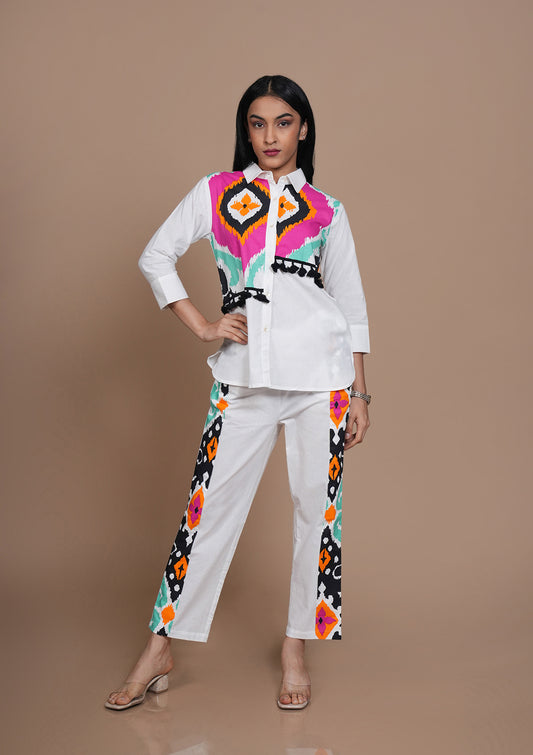 White Cotton Co-Ord Set with Abstract Print & Tassel Detailing