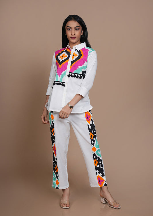 White Cotton Co-Ord Set with Abstract Print & Tassel Detailing