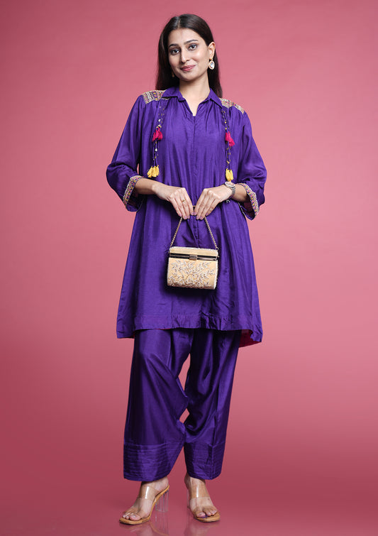 Dola Silk Zardozi Set With Farshi Pant- Purple