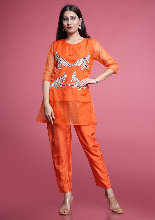 Fanta Orange Organza Embroidered 3 Piece Co-Ord Set