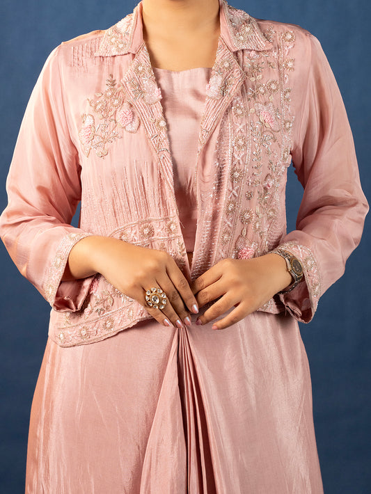 Embroidered Jacket With Crop Top & Skirt