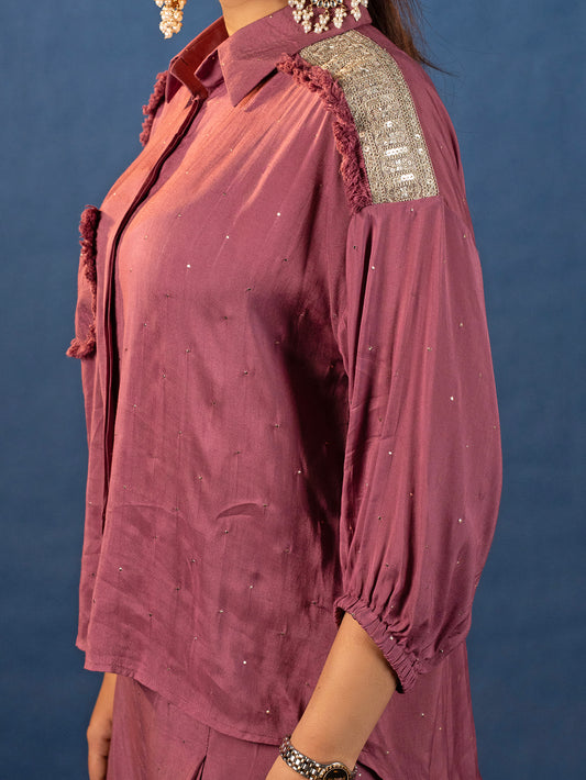 Muslin Shirt & Palazzo With Zardozi Patchwork - Wine