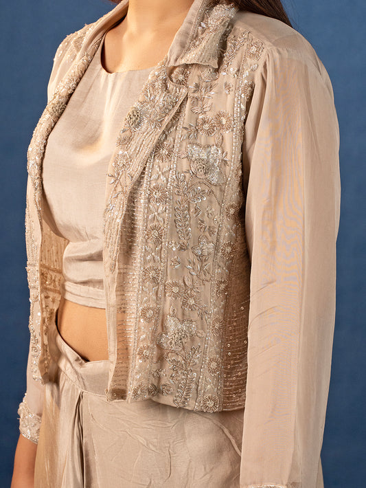 Hand Embroidered Jacket With Crop Top & Skirt