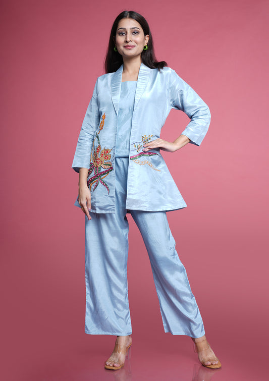 Powder Blue Embroidered Blazer Set