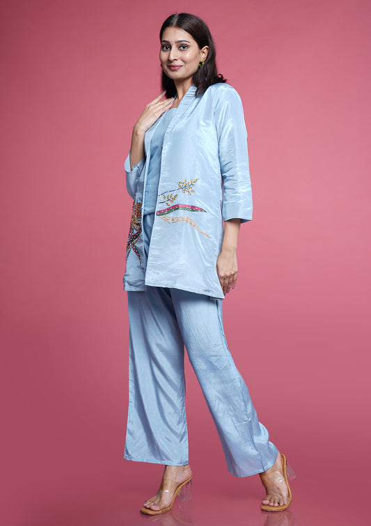 Powder Blue Embroidered Blazer Set