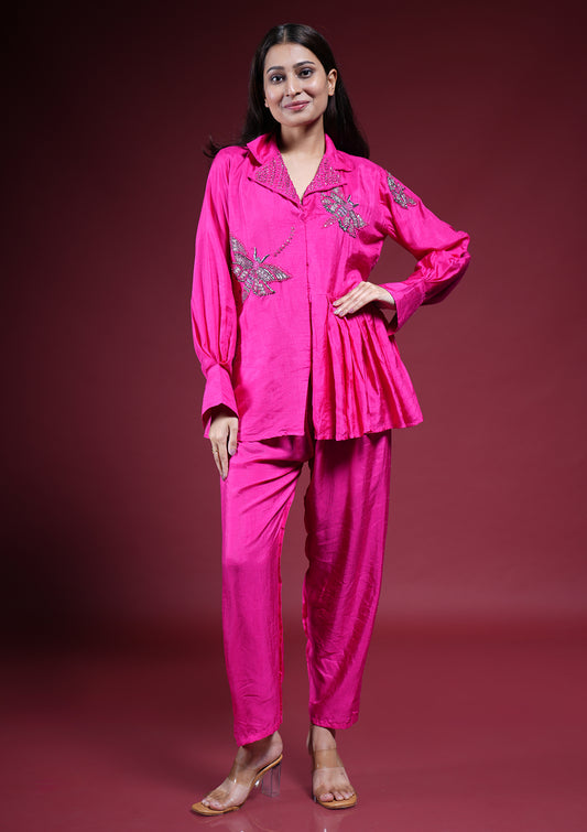 Hot Pink Hand Embroidered Peplum Co-Ord Set