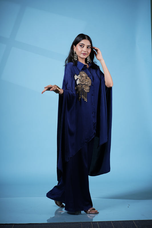 Gold Embellished Kaftan Palazzo Set- Purple