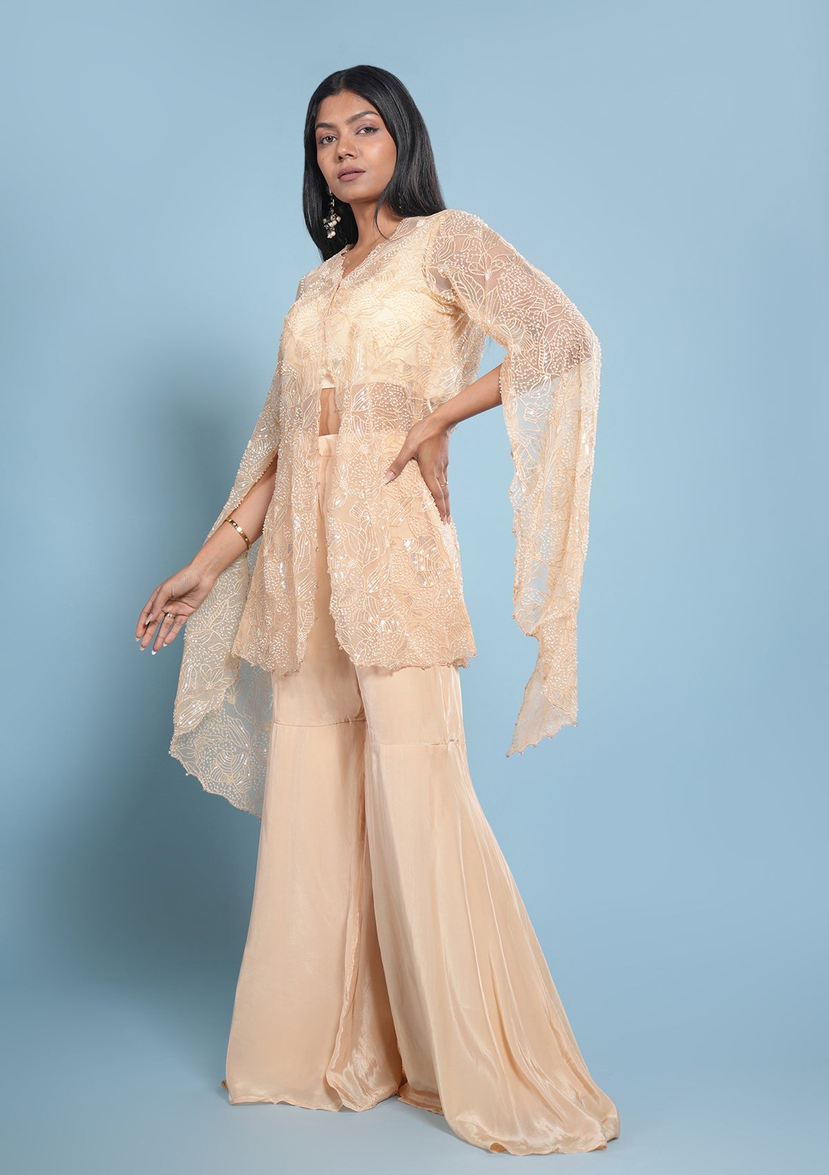 Beige Pearl Cape Sharara Set
