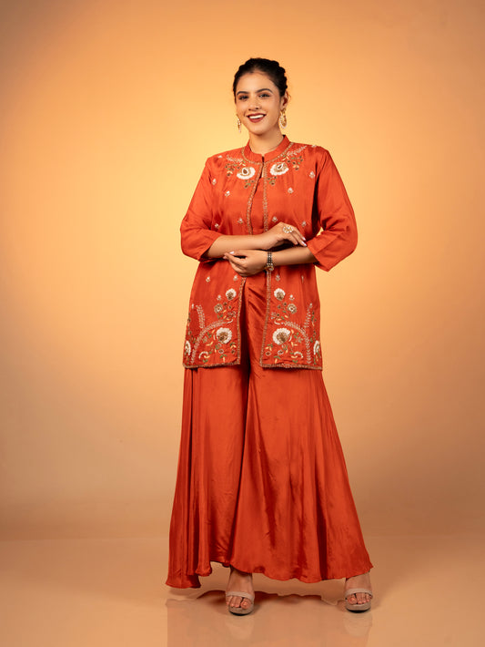 Crop Top with Palazzo and Floral Hand Embroidered Jacket (Set of 3)