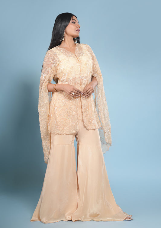 Beige Pearl Cape Sharara Set