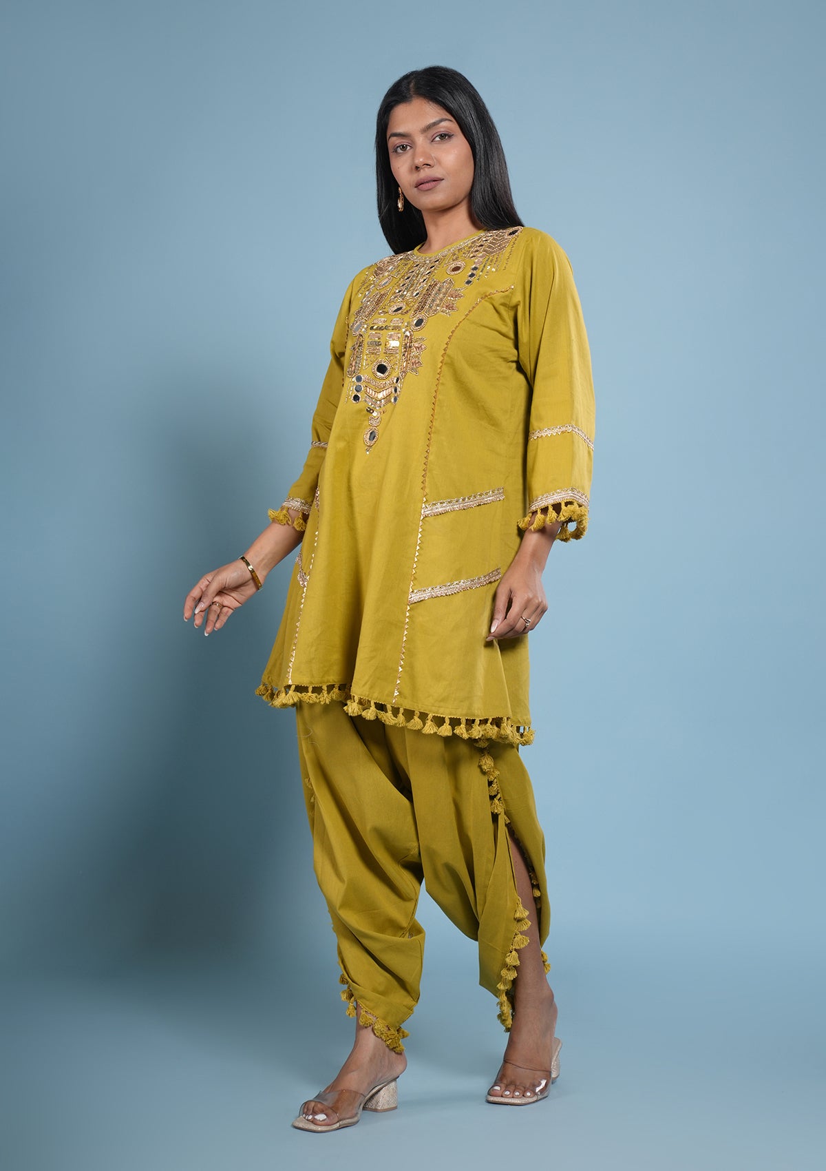 Embellished Neckline Kurta Dhoti Cotton Set- Mustard