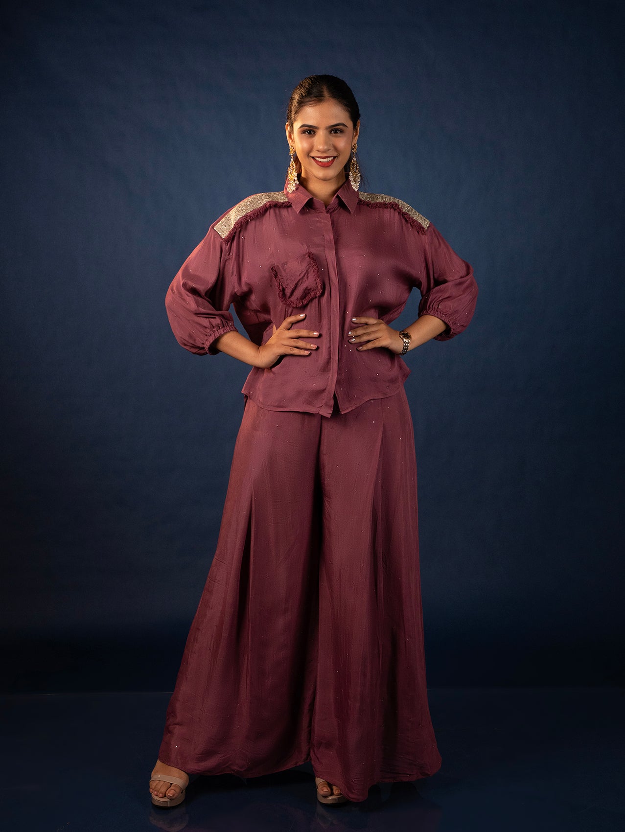 Muslin Shirt & Palazzo With Zardozi Patchwork - Wine