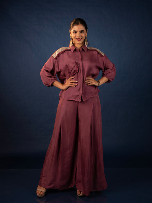 Muslin Shirt & Palazzo With Zardozi Patchwork - Wine