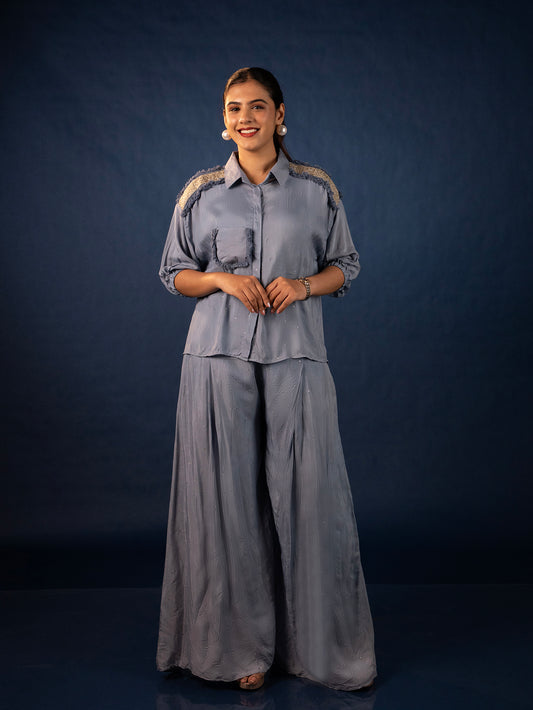Muslin Shirt & Palazzo With Zardozi Patchwork - Powder Blue