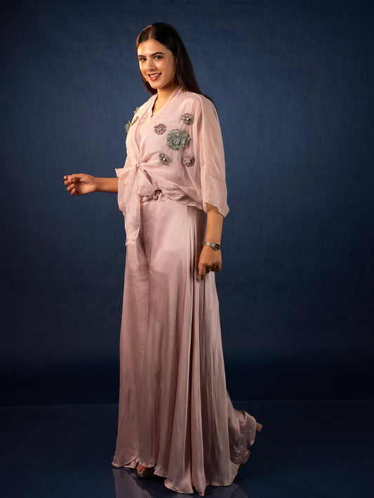 3D Floral Motif Crop Jacket & Palazzo Set- Powder Pink