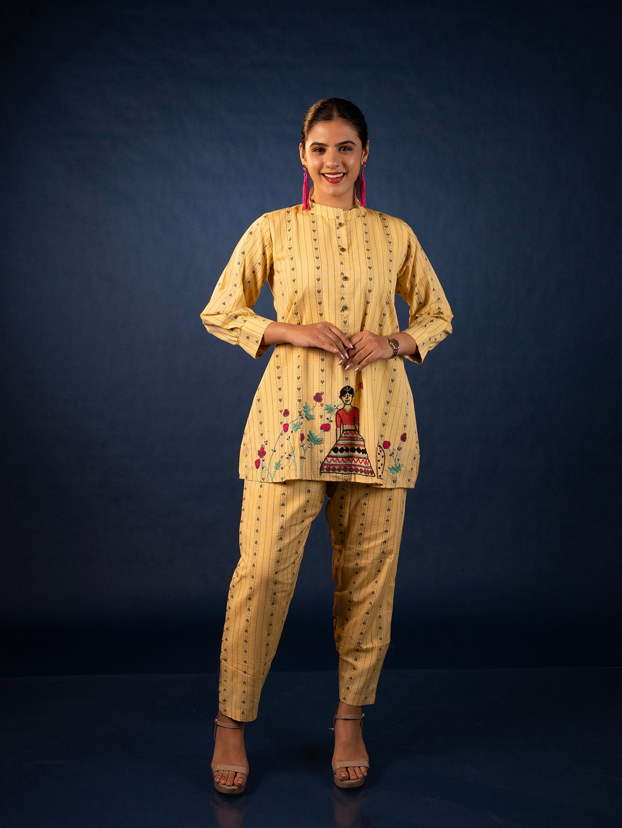 Hand Embroidered Cotton Co-Ord Set - Butter Yellow