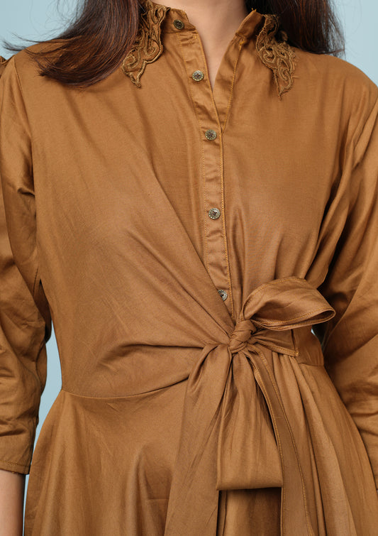 Stylish Pleated Ruffle Dress - Mocha Brown