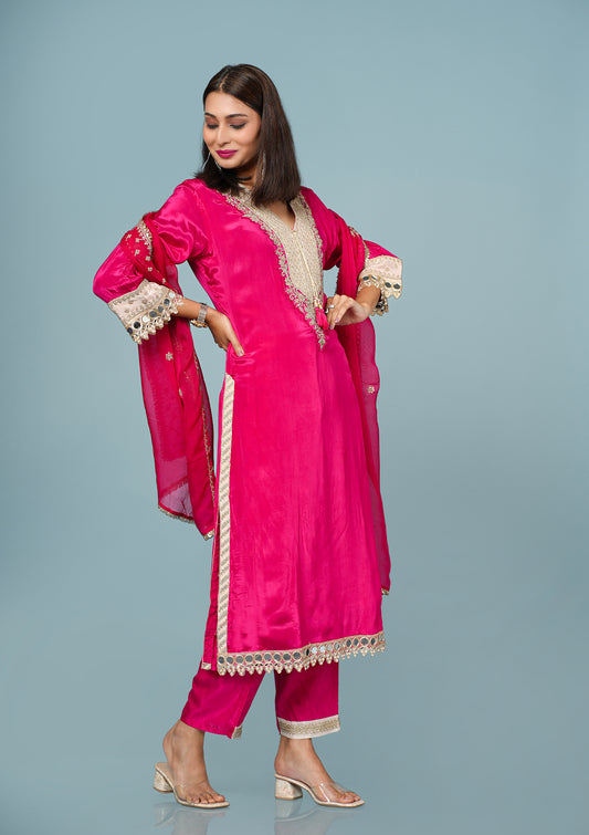 Crepe Suit With Zari & Dabka Embroidery With Real Mirror Work