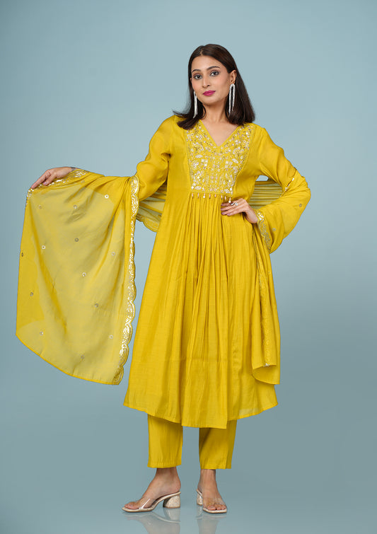 Lime Yellow Hand Embroidered Suit