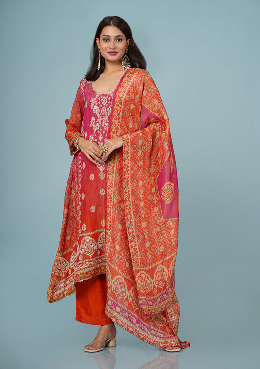 Coral Red Shimmer Tissue Suit with Zari & Dabka Embroidery