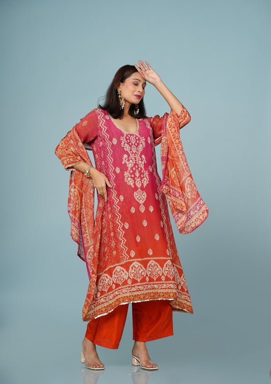 Coral Red Shimmer Tissue Suit with Zari & Dabka Embroidery